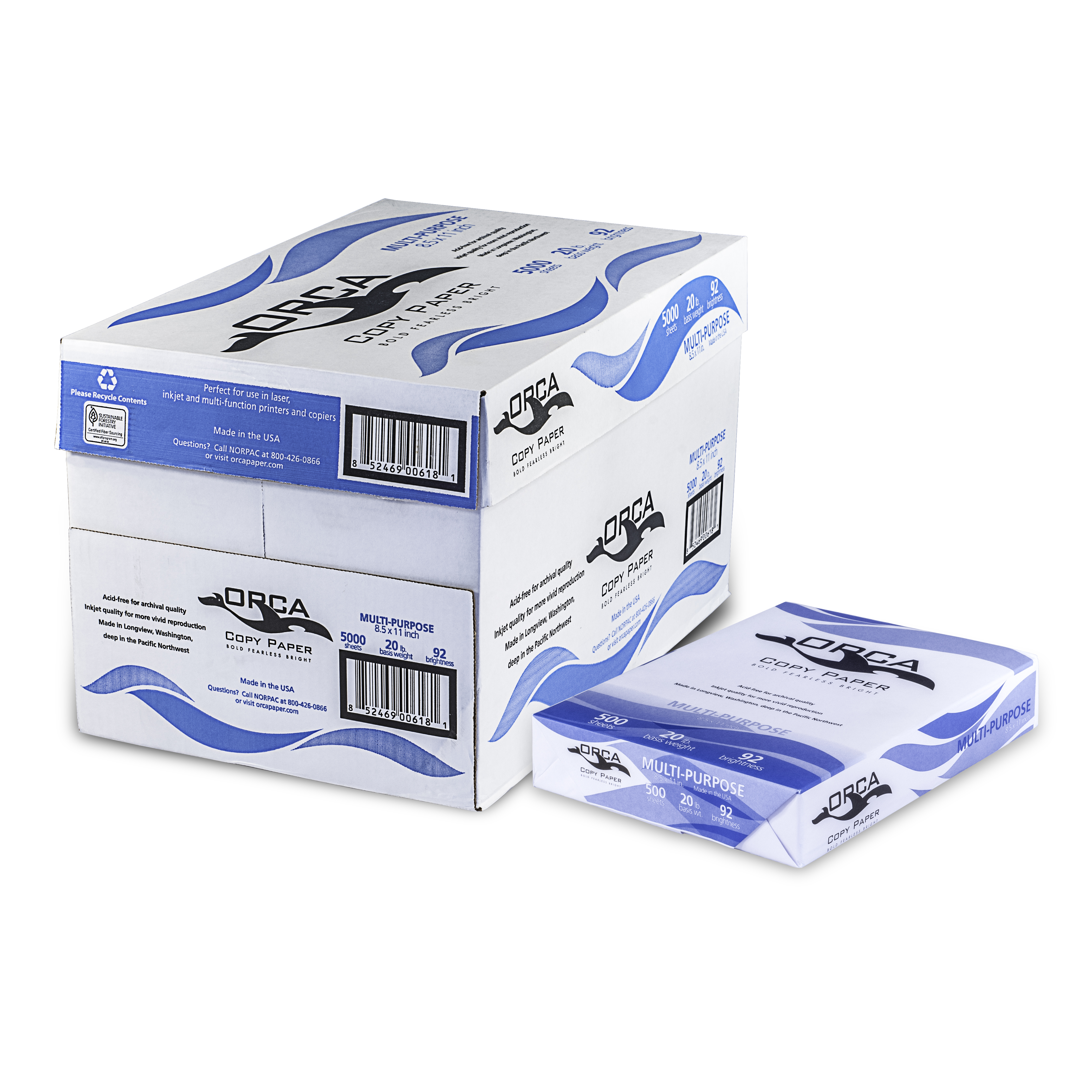 ORCA,PAPER,20#,LTR,92BRT, 8.5X11,WHITE,5000SHEETS